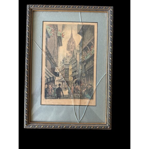 Vintage Etching Frankfurt Germanys Mainfest Scene August 2 Signed Artist Unknown - Picture 1 of 6